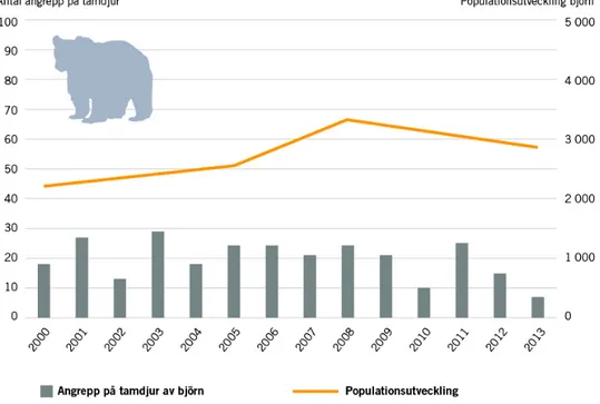 Figur 7: Antal tillfällen då björn angrep tamdjur (exklusive renar och hundar) samt populations- populations-utveckling för björnstammen över tid