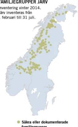 Figur 5. Förekomst av järv i Sverige 2014. Kartan visar familjegrupper av järv som har dokumente- dokumente-rats under inventeringsperioden (1 februari – 31 juli) 2014 (Rovdata och Viltskadecenter 2014)