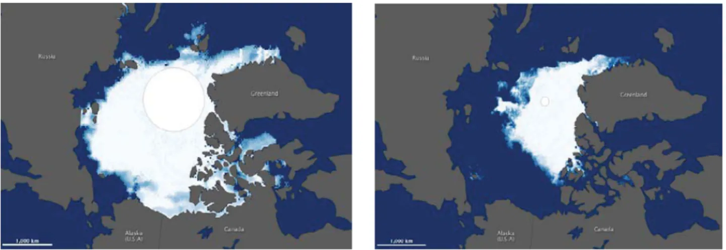 FIGURE 1. Extent of the ice in September 1984 compared with September 2014. Source: Smith &amp; Stephenson, New Trans-Arctic  