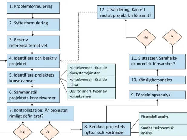 Figur 3.2.  Samhällsekonomisk konsekvensanalys i 12 steg. ”Projekt” i figuren är en förkortning av  ”projekt/plan”