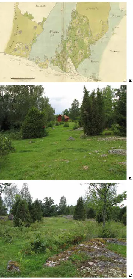 Figur 14. a) Storskifte på äng 1767 i Sandika by i Roslagen. Tidigblommande fältgentiana var under  1980-talet vanlig på de senbetade backarna i ängsgärdet