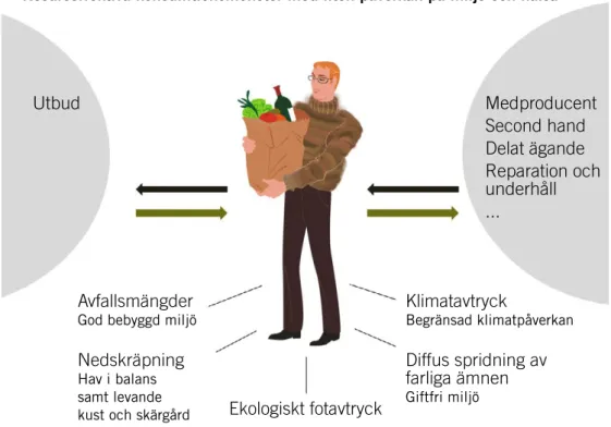 Figur 1. Schematisk illustration av privata konsumtionsmönster och några miljömål. 