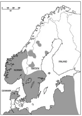 Figur 1 Kronhjortens utbredning i Sverige.   Källa: Höglund m.fl. (2013).