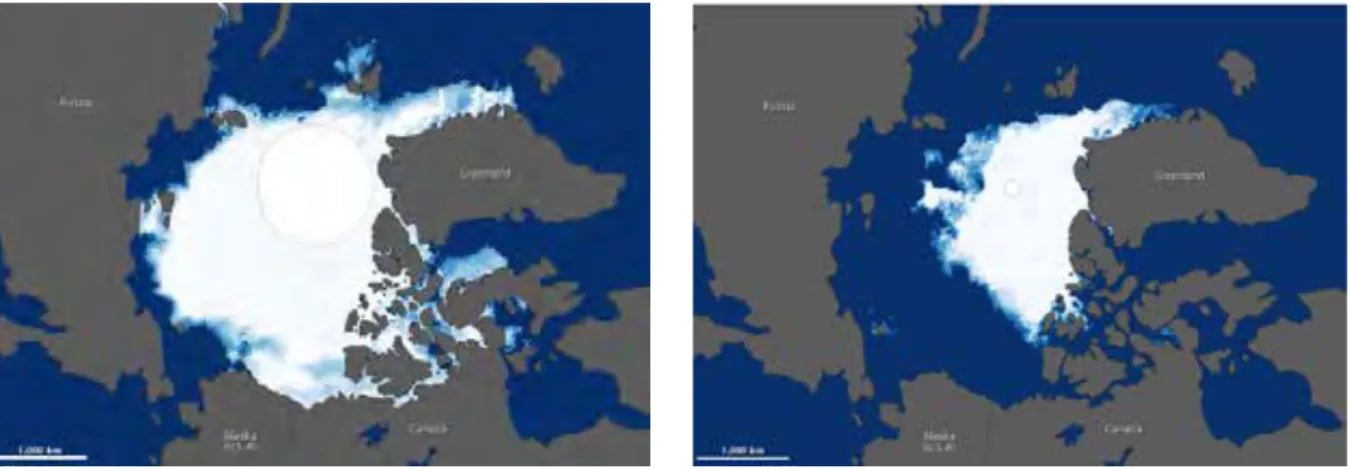 FIGUR 1. Isens utbredning i september 1984 jämfört med september 2014. Källa: Smith &amp; Stephenson, New Trans-Arctic shipping routes  navigable by midcentury, 2013.