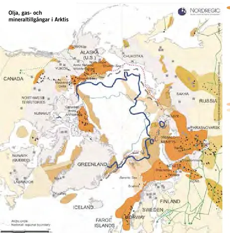 FIGUR 3. Huvudsakliga platser för utvinning  av olja, gas och mineraler samt möjliga  utvecklingsplatser
