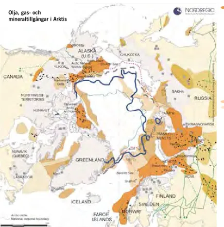 FIGUR 3. Huvudsakliga platser för utvinning  av olja, gas och mineraler samt möjliga  utvecklingsplatser