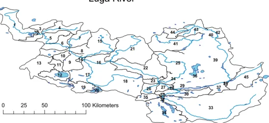 Figure 3. The new delineation of sub-catchment of the Luga river catchment. 33 39121184134222515131798746 4553363016431229193724442635421110272340202143831283202550100KilometersLuga River