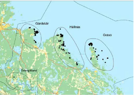 Figur 3. Detaljkarta över gölgrodans utbredningsområden i Uppland och Östergötland.  