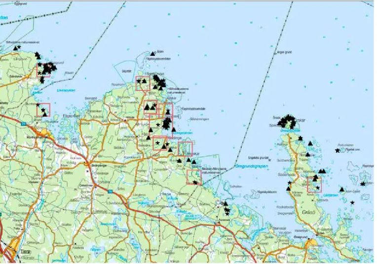 Figur B1. Gölgrodelokalerna i Uppland. Små rutor anger kartområden som visas i detalj nedan.