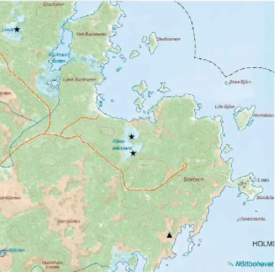 Figur B3. Gölgrodelokalerna i Gårdskärsand. Symbolerna som i figur B1.