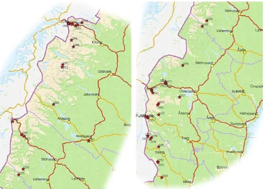 Figur 5. Karta över kända lavinolyckor i södra respektive norra delen av svenska fjällkedjan 