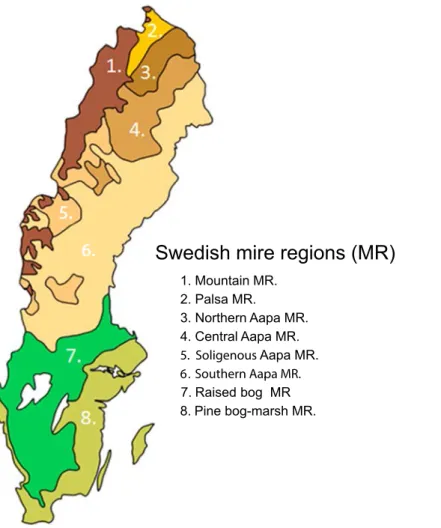 Figure 10. Division of Sweden into mire regions including sub-regions of the Aapa mire region.