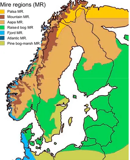 Figure 11. Right: Distribution of mire regions in the Baltic Sea region.. The mire regions in north- north-ern Europe are based on: Moen (1999) for Norway, Ruuhijärvi (1988) for Finland, Risager &amp; Aaby 