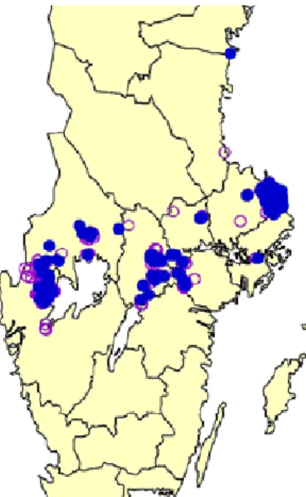 Figur 9. Karta över hällebräckans utbredning i Sverige.  Fyllda punkter visar aktuella lokaler i artDatabankens  databas (fynd efter 1990)