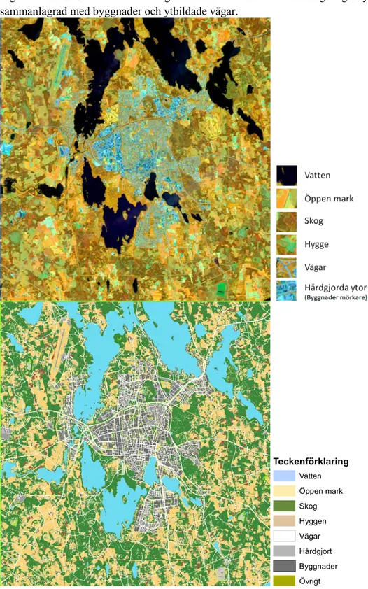 Figur 5. Satellitdata samt klassning över Växjö 