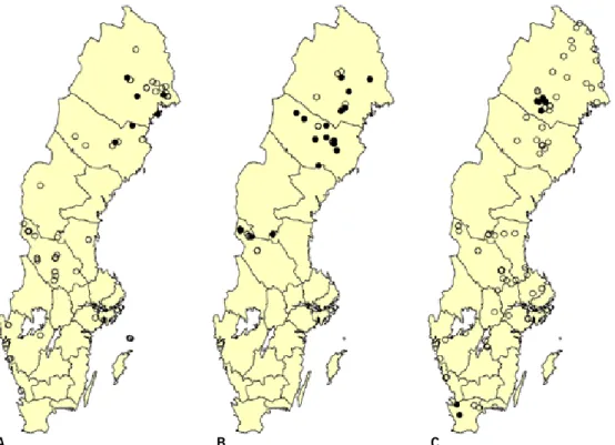 Figur 3. Utbredningskartor för A – kantad kulhalsbock, b – cholodkovskys bastborre och  