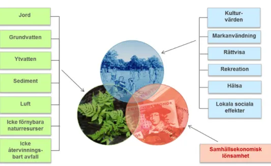 Figur 1 Principiell struktur och nyckelkriterier för utvärdering av miljömässiga (grön  färg), sociala (blå färg) och ekonomiska (röd färg) positiva och negativa effekter av  EBH-åtgärder