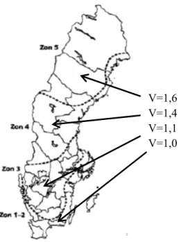 Figur 4 Ventilationsfaktorer för olika regioner (zoner) i Sverige (Trafikverket, 2012)