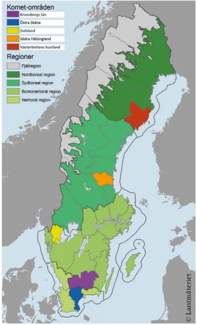 Figur 4.1. Karta över de fem kometområdena 2010–2013, samt landets biogeografiska regioner.