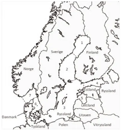 Figur 1. Östersjön delas in i olika bassänger: Bottenviken (1), Bottenhavet (2), Egentliga  Östersjön (3), Finska viken (4) och Rigabukten (5)