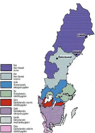 Figur 4. Sveriges indelning i åtta produktionsområden.
