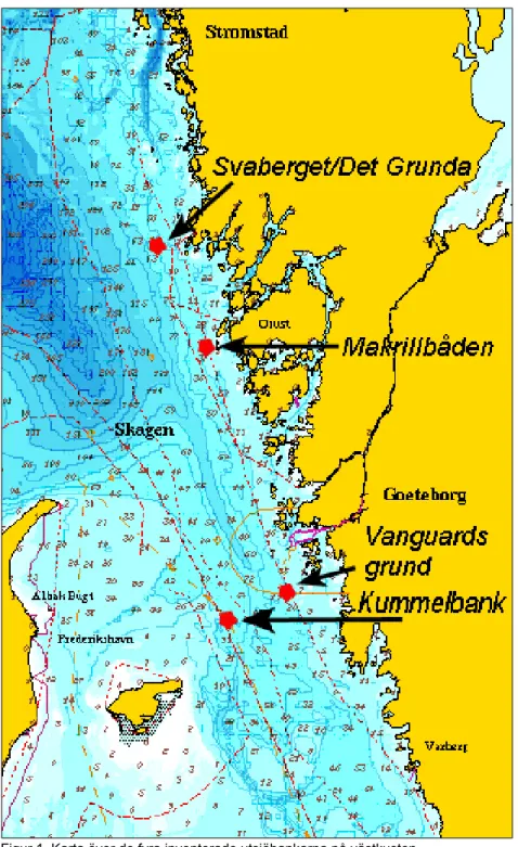 Figur 1. Karta över de fyra inventerade utsjöbankarna på västkusten. 