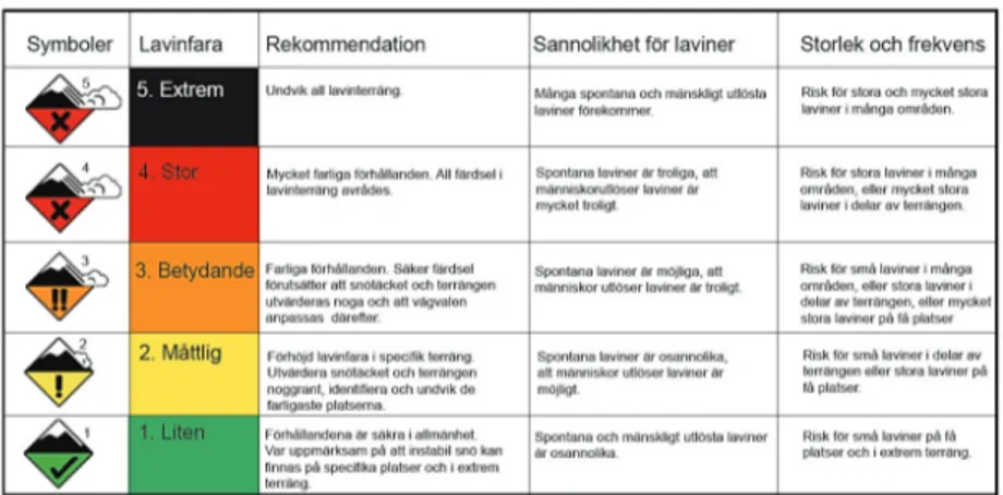 Figur 2: Den internationella lavinskalan i svensk översättning i den  form som användes under utvecklingsprojektet