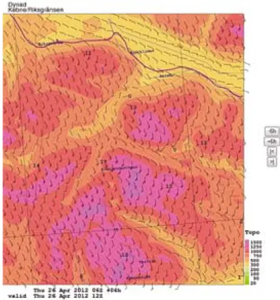 Figur 10: Dynad beräknar vindstyrkor och vindriktning i olika delar av  terrängen. (källa: SMHI) 
