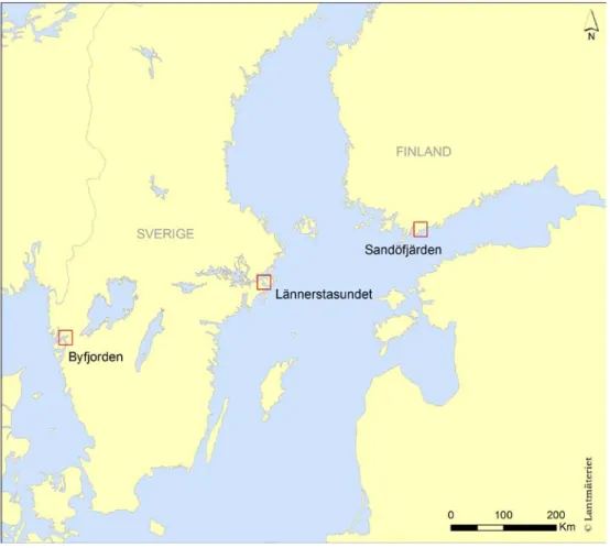 Figur 4. Syrepumpning testades i tre försöksområden; Byfjorden och Lännerstasundet i Sverige  samt i Sandöfjärden i Finland