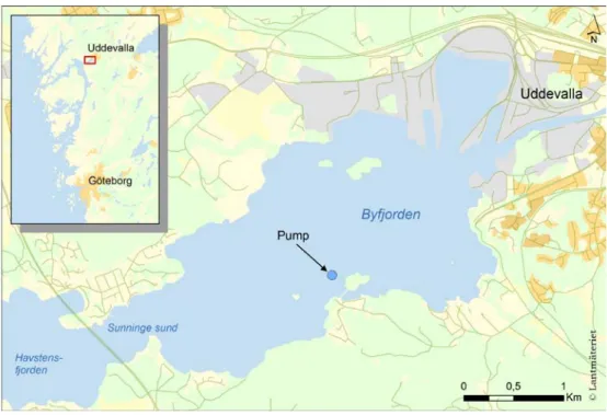 Figur 5. Byfjorden ligger på svenska västkusten. Ytvattnet byts ofta ut genom inflöden från Havstens- Havstens-fjorden, men utbytet av djupvatten begränsas av en tröskel vid Sunninge sund