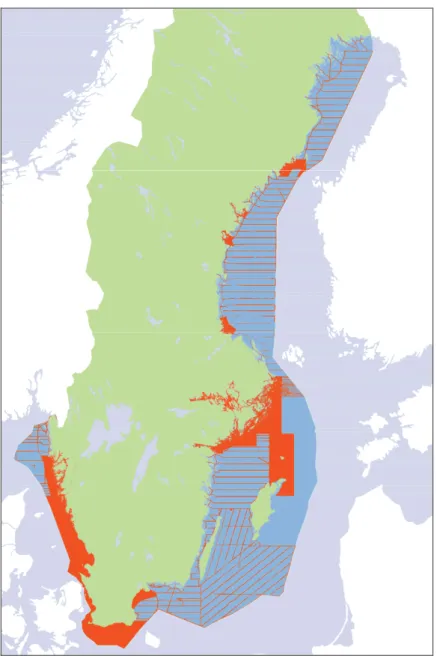 Figur 2. Täckning av lokal och regional maringeologisk kartering i orange.  Sammanhängande ytor visar täckningen av den s.k