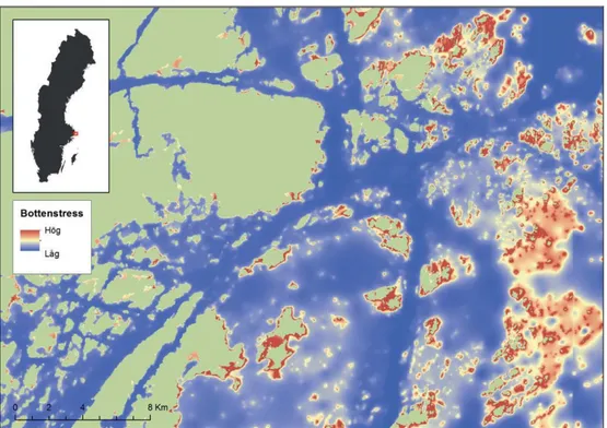 Figur 8. Bottenstress utifrån vågverkan, exempel från Stockholms norra skärgård