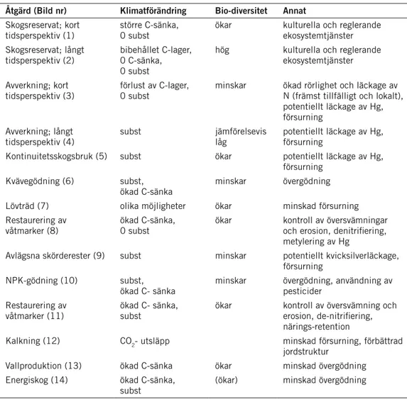 tabell 1. en överblick över den miljöpåverkan som orsakas av de åtgärder som diskuteras i   rapporten