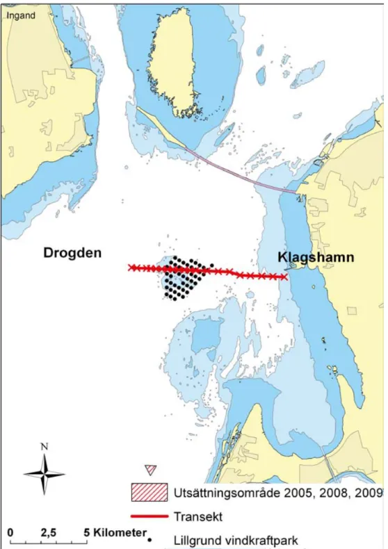 Figur 5. Översiktskarta över Öresund med Lillgrunds vindkraftpark 2005, 2008 och 2009