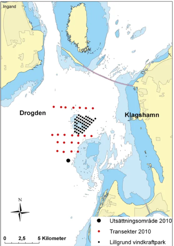Figur 6. Översiktskarta över Öresund med Lillgrunds vindkraftpark och experiet-upplägget år 2010