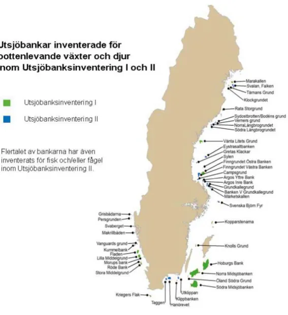 Figur 2 Karta över utsjöbankar som inventerats under 2004-2010. Karta: Natruvårdsverket.