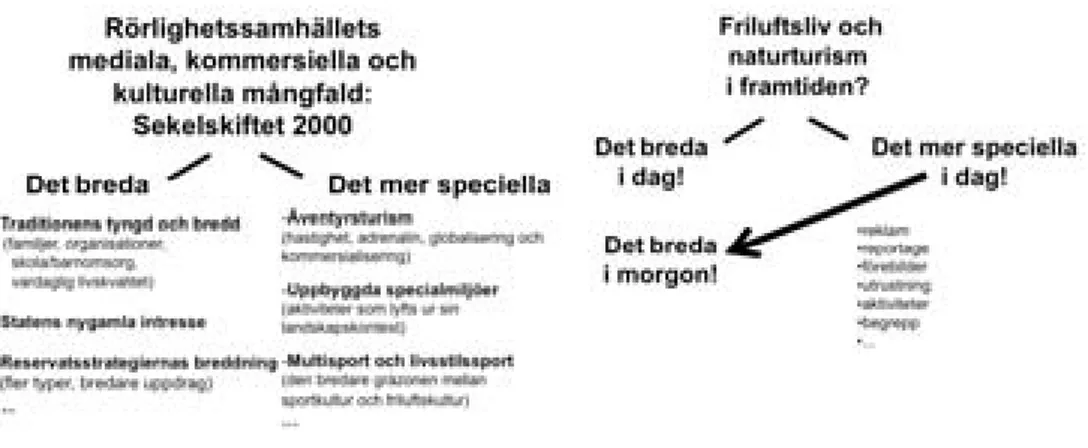 Figur 1.3. Några huvuddrag i vår tids friluftsliv och av särskild relevans för allemansrättens framtid; hur  dagens friluftsverksamhet både består av &#34;det breda&#34; och &#34;det mer speciella&#34; men också hur det  senare, även om det inte är så omfa