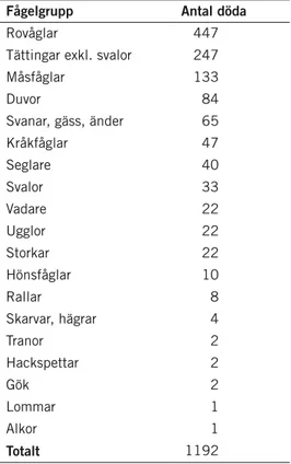 Tabell 5.3. Fördelningen mellan arter av döda fåglar funna under vindkraftverk i Tyskland 1989 -  2010 (data från dürr 2010)