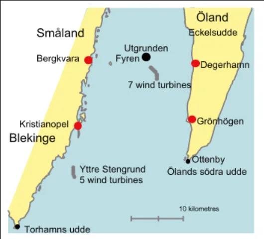 Figure 1. Study area in southern Kalmar Sound around Utgrunden with radar equipment placed in  the lighthouse.Blekinge Småland Öland DegerhamnBergkvaraKristianopelGrönhögen