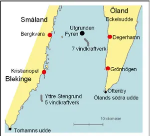 Figur 1. Undersökningsområdet i södra Kalmarsund  med Utgrunden där radarna är placerade på fyren.
