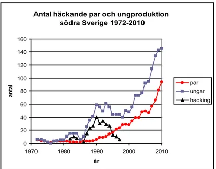 Figur 6. Populationsutvecklingen för pilgrimsfalk i södra sverige 1972–2009. 