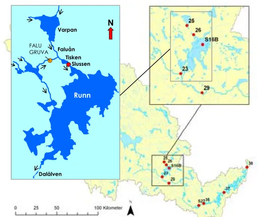 Figur 1-1. Dalälvens avrinningsområde med Faluområdets vattenrecipient Faluån-Runn uppförstorad