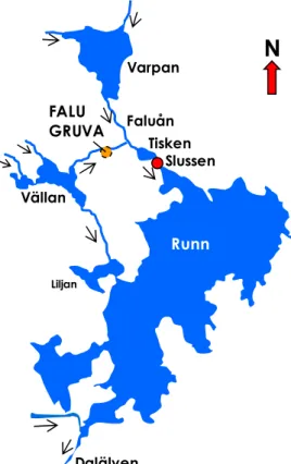 Figur 3. Större sjöar och vattendrag uppströms  och nedströms gruvområdet i Falun. 