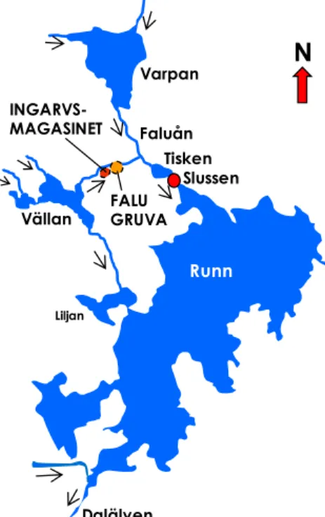 Figur 3. Större sjöar och vattendrag  uppströms och nedströms gruvområdet i  Falun. 