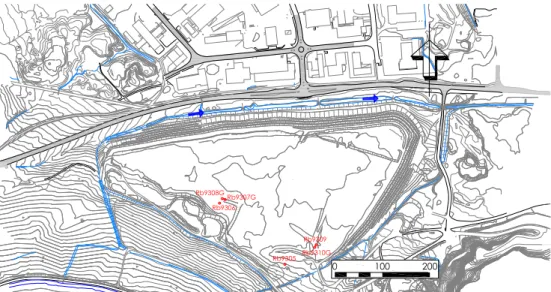 Figur 14. Ingarvsmagasinets form innan terrassering och sluttäckning, samt placering av grund- grund-vattenrör (se Figur 13)