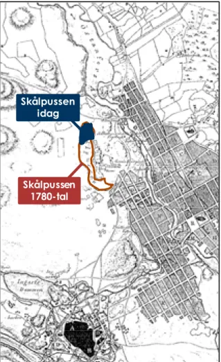 Figur 12. Skålpussens utbredning på 1780-talet (utdrag ur L.H. Hilleströms &#34;Charta öfver Staden  Falun och Stora Kopparbergs Grufwa”), med Skålpussens nuvarande utbredning inritad