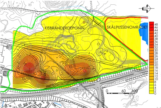 Figur 26. Haltkarta för lakbar kadmium (mg/kg) i kisbränderdeponin innan åtgärd (1994), interpo- interpo-lerad utifrån medelhalter för respektive borrpunkt