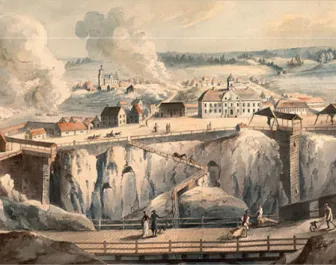 Figur 3. Falu gruva i slutet av 1700-talet, etsning av  J.F. Martin. Foto: Stora Ensos arkiv