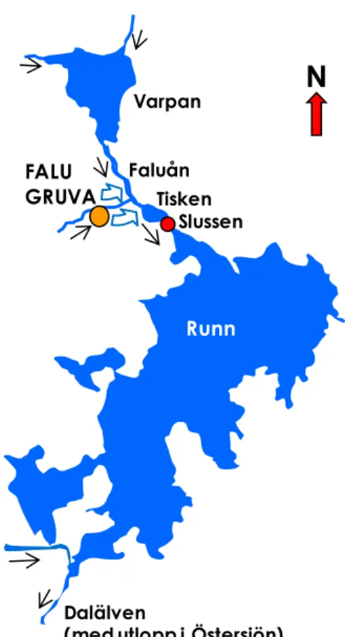 Figur 9. Recipienter för metallurlakning  från Faluns gruvavfall. Den röda punkten  visar läget för mätstationen “Slussen”