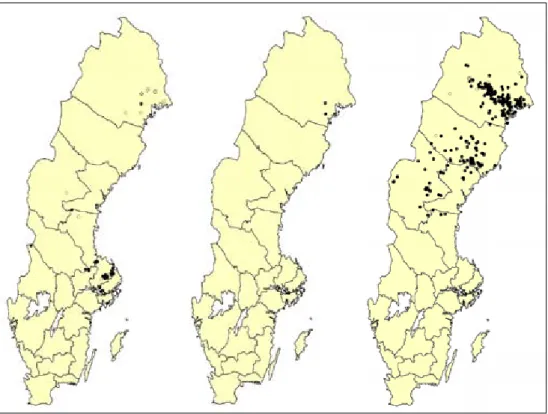 Figur 3. Fynd av aspbarkgnagare, karelsk barkfluga och liten aspgelélav (från vänster till höger)